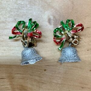 Vintage MCM Christmas Bell Silver Glitter Red Green Bow Clip On Dangle Earrings